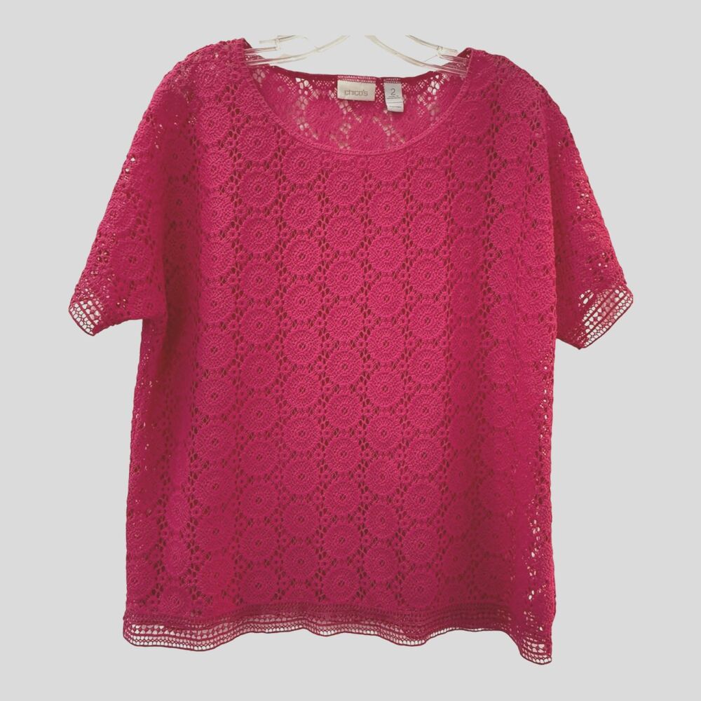 Chicos Womens Top Large Bright Pink Crochet Open Knit Pullover Short Sleeve